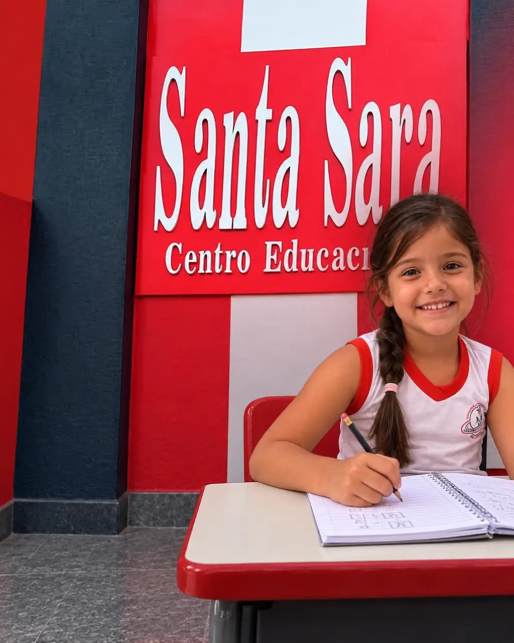 Aluna com a farda do Santa Sara estudando em frente ao letreiro da escola