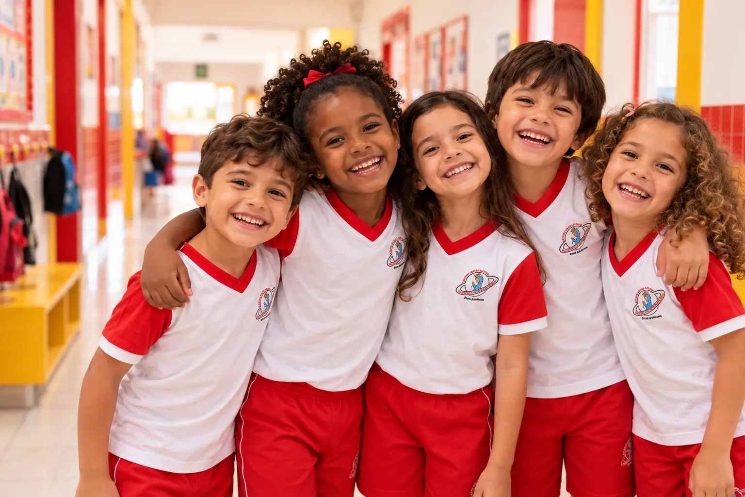 Crianças com a farda do Santa Sara abraçadas e sorrindo no corredor da escola